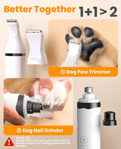oneisall Dog Nail Grinder and Paw Trimmer Kit 2 in 1 Quiet Rechargeable Electric Pet Nail Grinder with 2 LED Lights and Cordless Dog Grooming Safe Clippers