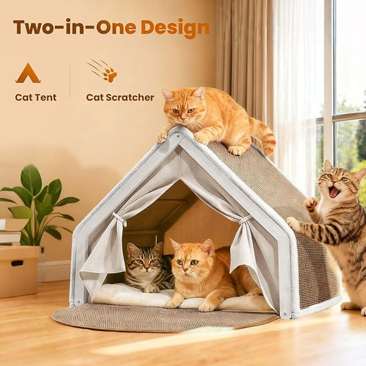 Cat Houses for Indoor Cats - Large Cat Bed Cave with Natural Sisal Cat Scratcher Mat, Solid Wood Frame Cat House with Curtains and Cat Floor Scratching Pad Rug, Protect Couch and Carpets, L
