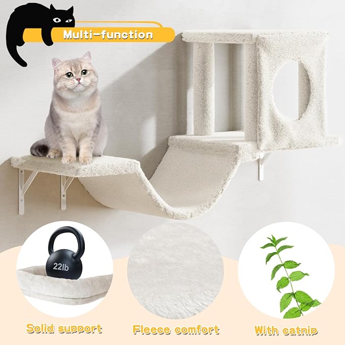 NUNU LAB Wall Mounted Cat Wall Shelves, 12-in-1 Cat Wall Climber with Condos House, Scratching Post, Bridge Ladder, Indoor Space-Saving Furniture for Kittens Play, Beige