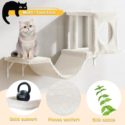 NUNU LAB Wall Mounted Cat Wall Shelves, 12-in-1 Cat Wall Climber with Condos House, Scratching Post, Bridge Ladder, Indoor Space-Saving Furniture for Kittens Play, Beige