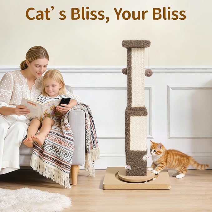 Tall Cat Scratching Post for Large Cats Kittens, 33" Indoor Sisal Vertical Pole Heavy Duty Square Structure with 4 Interactive Mouse Holes and Track Ball Base, Shields Furniture from Scratches