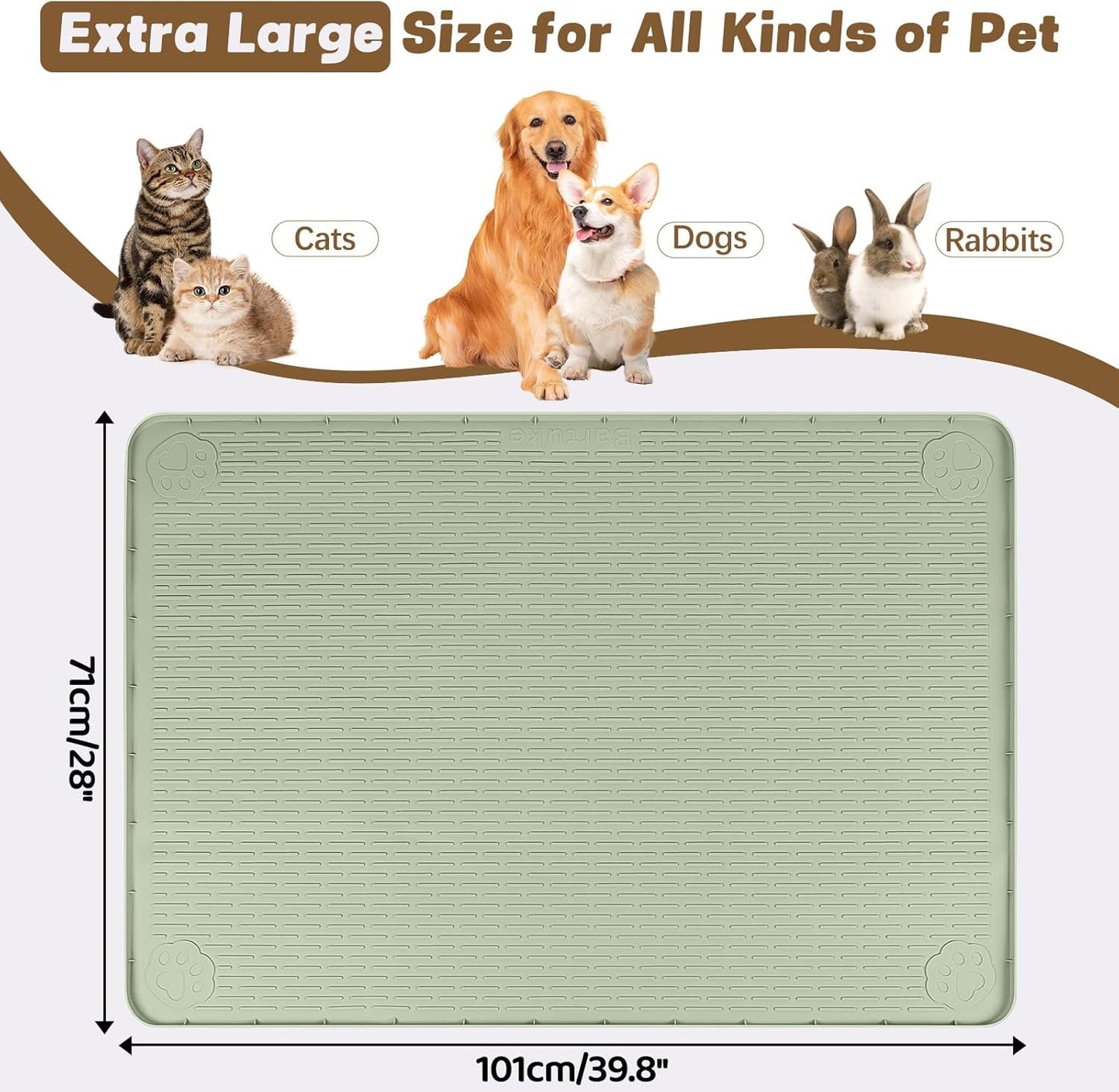 Cat Food Mat, 40" x 28" Extra Large Silicone Pet Feeding Mat with Raised Edge Pet Placemat for Food and Water Bowl Non-Slip, Easy to Clean, Floor Protection (Green)