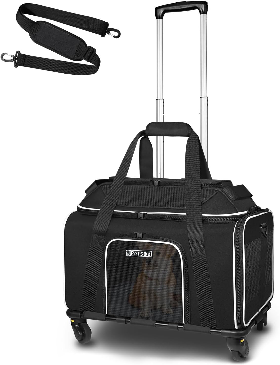 Petskd Top-Expandable Pet Carrier with Wheels 18x13x9.5 Inches Southwest Airline Approved, Soft-Sided Carrier for Small Cats Dogs with Locking Safety Zippers and Anti-Scratch Mesh(Black)