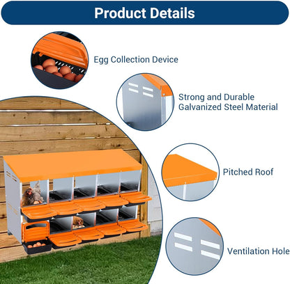Chicken Nesting Box, 10 Hole 2 Layer Hen Nest Boxes, Roll Away Eggs Laying Boxes,Cleanable Pull Out Hen Roosting Boxes