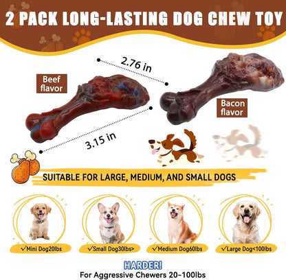 Dog Chew Toys for Aggressive Chewers, Indestructible Dog Toy for for Medium/Large Breed, Tough Nylon Teething Bone Toy to Keep Them Busy,Bacon and Real Beef Flavor (Beef+Bacon Flavor, 2 Pack)