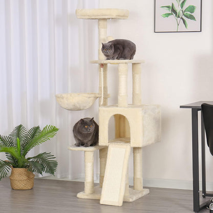 Heybly Cat Tree, Cat Tower for Indoor Cats with Scratching Board, Multi-Level Cat Furniture Condo with Feeding Bowl, Beige HCT010MM