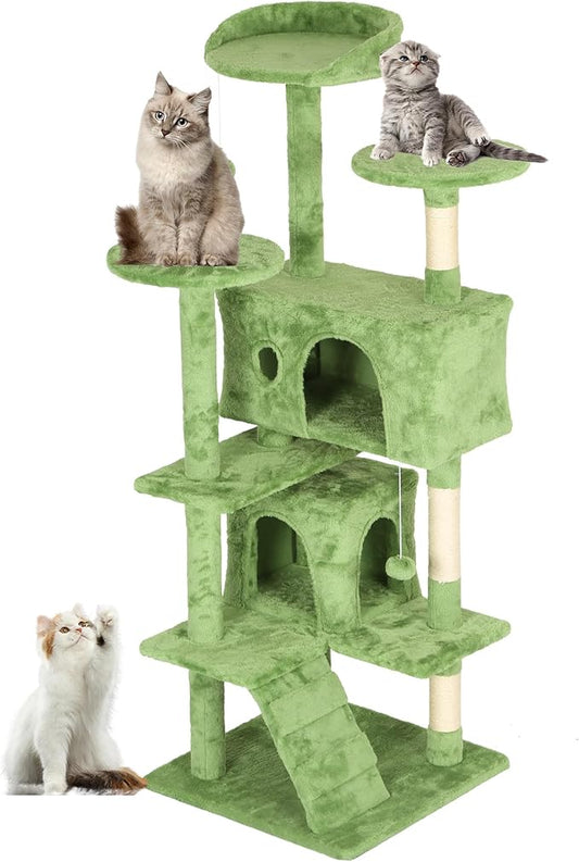 FDW | 54" Cat Tree Tower | Green | Multi-Level Indoor Activity Center with Sisal Scratching Posts, Condos, Plush Perches, Hanging Cat Toys | Sturdy, Easy to Assemble | for Kittens & Adult Cats
