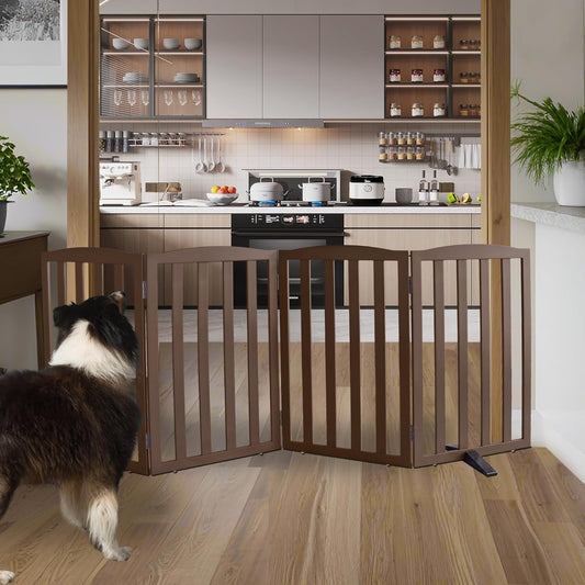 ZJSF Foldable Freestanding Indoor Dog Gate for House Wood Long Pet Gates Dog Fence for Stairs Puppy Gates for Hallways, Puppy Gate,Support Feet Included, Brown, 32 "Height-4 Panels