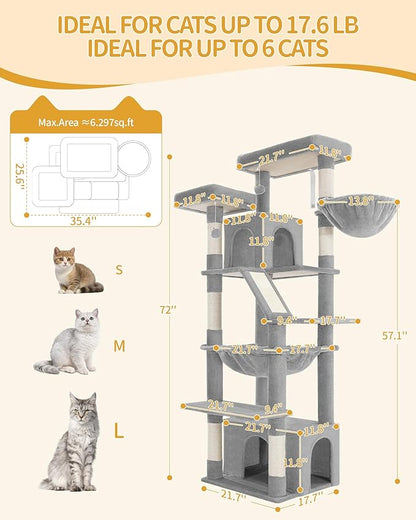 Large Cat Tree, 72 Inch Tall Indoor Cat Tower for 6 Large Cats, Corner Climbing Activity Pet Condo with 2 Large Platforms/2 Cats House/6 Scratching Post/1 Hanging Basket, Light Gray MS18318LG