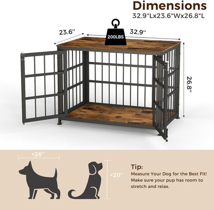 32 Inch Heavy Duty Wooden Dog Kennel End Table with Double Door Design and Secure Locks, Indoor Pet Crate Furniture for Medium Dogs, Decorative Home Cage Design,Aged Black