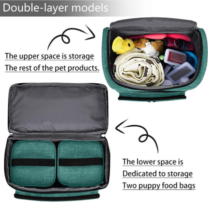 BAGLHER Pet Travel Bag, Double-Layer Pet Supplies Backpack (for All Pet Travel Supplies), Pet Travel Backpack with 2 Silicone Collapsible Bowls and 2 Food Baskets Green - Pawvie
