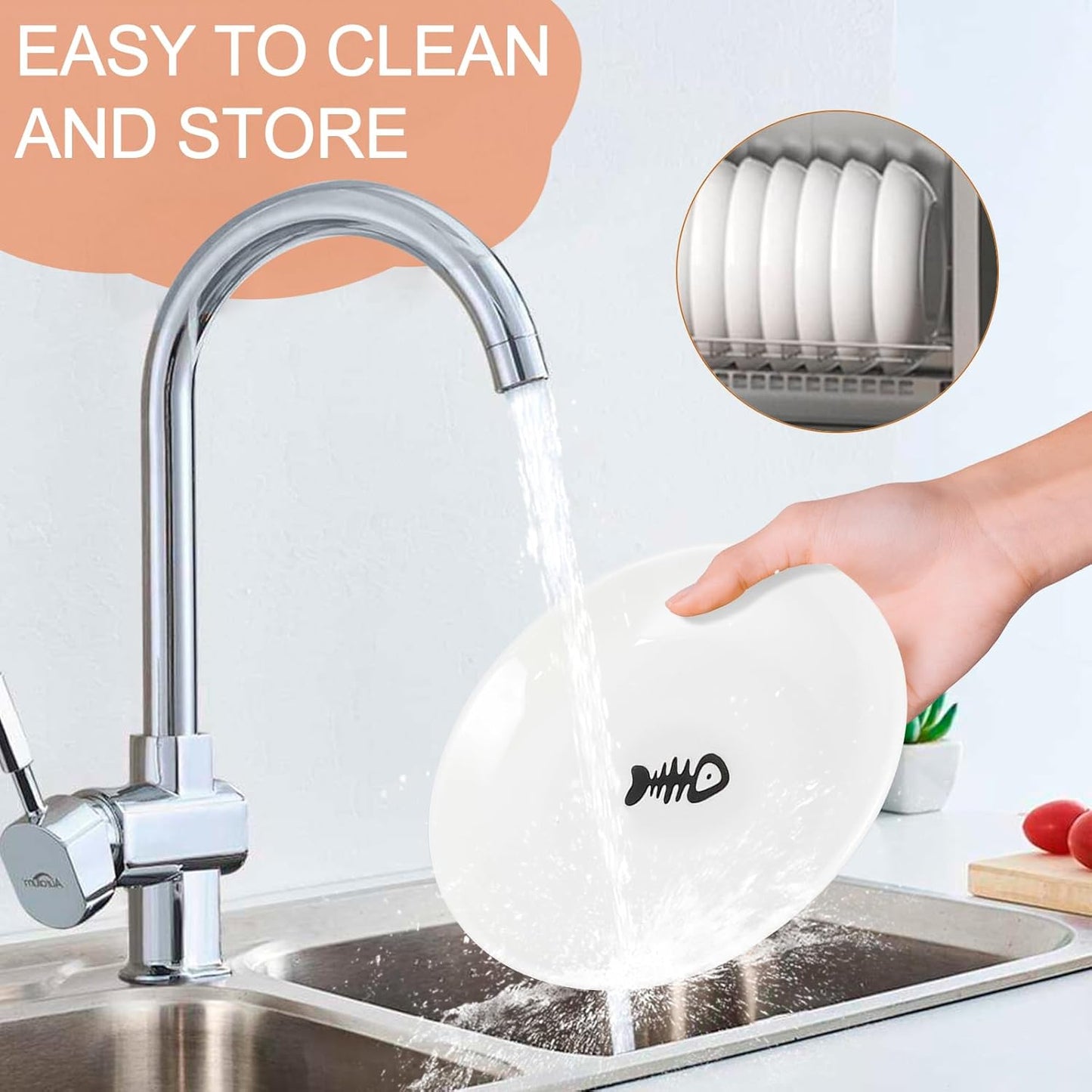 6 Pack Cat Food Bowl, Ceramic Cat Bowls, Anti Whisker Fatigue Cats Bowl Set,5.5 Inches Shallow Wide Kitten Plates for Food and Water (Fishbone Style)