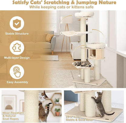 Tangkula Modern Cat Tree, Multi-Level Large Cat Tower with Condo, Hammocks & Hanging Basket, Tall Cat Tree with Sisal Posts, Washable Cushions, Wood Cat Trees and Towers for Indoor Large Cats