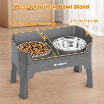 URPOWER 3-in-1 Elevated Dog Bowls - Mess Proof Double Deck 4 Height Adjustable Raised Stand with 2 Stainless Steel Food Bowls & Licking Plate for Small, Medium & Large Dogs