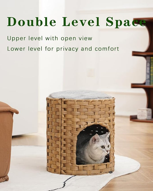 Cat House for Indoor Cat, Small Cat Houses Handwoven PE Rattan Kitten Cave, Pet Kitten Bed Covered, One Bed Pad, 13 x 13 x 13.7 Inches, Foldable Hideaway in Living Room Gray