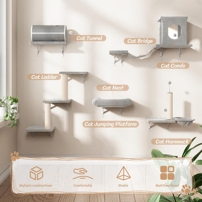 NUNU LAB Wall Mounted Cat Furniture, 7 Pcs Cat Wall Shelves with House, Tunnel, Bridge, Steps, Scratcher, Hammock, Bed, Indoor Safe & Stable Furniture for Kittens Play, Gray