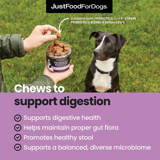 JustFoodForDogs Probiotic Booster Gut Health Soft Chews Supplement for Dogs, Digestive Health Support, Diarrhea, Human Grade Ingredients - 45 Count