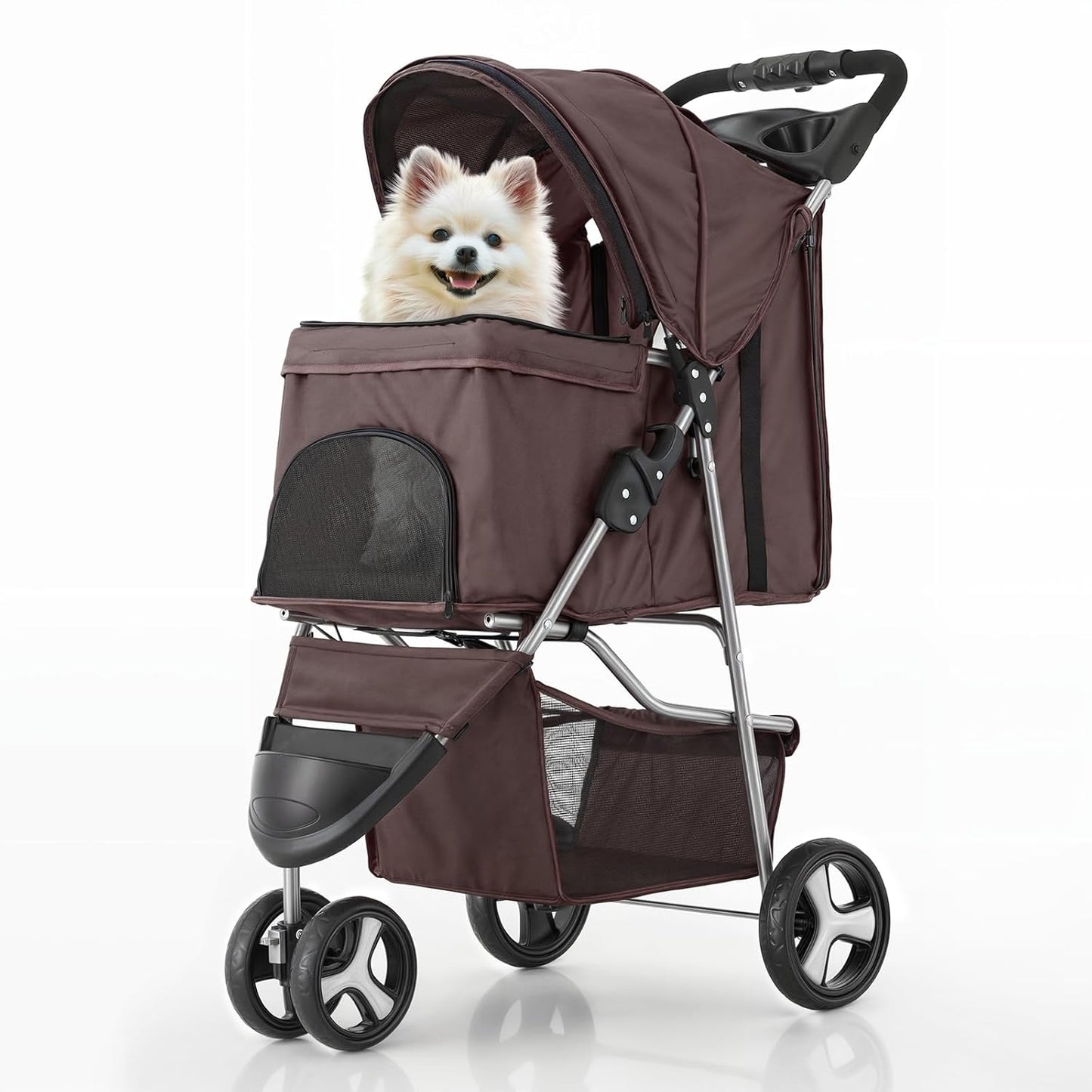 MoNiBloom Foldable Dog Strollers for Small Dogs with Weather Cover, 3 Wheels Pet Strolling Cart for Dogs and Cats with Storage Basket and Cup Holder, Breathable and Visible Mesh for All-Season, Coffee - Pawvie