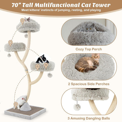 PETSITE 70" Tall Cat Tree, Cat Tower with Scratching Posts and Board, Multi-Level Cat Tower for Large Cats 20 lbs+ with 3 Cozy Perches and Dangling Balls, Modern Cat Tree for Indoor Cats Large Adult