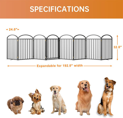 8 Panles Full Matel Freestanding Dog Gates with Door, 192"Extra Wide 32"Tall Free Standing Dog Pet Gate for Indoor & Outdoor. Foldable Pet Fences for Doorways, House, Stairs, Porch, Deck, Yard