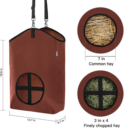 3 Packs Goat Hay Feeder,Hay Bags for Goats,Horses,Sheep,Premium 600D Oxford Cloth,with Metal Fastener and Adjustable Open Feed Hole for Slow Feeding. (2Brown + 1Black)