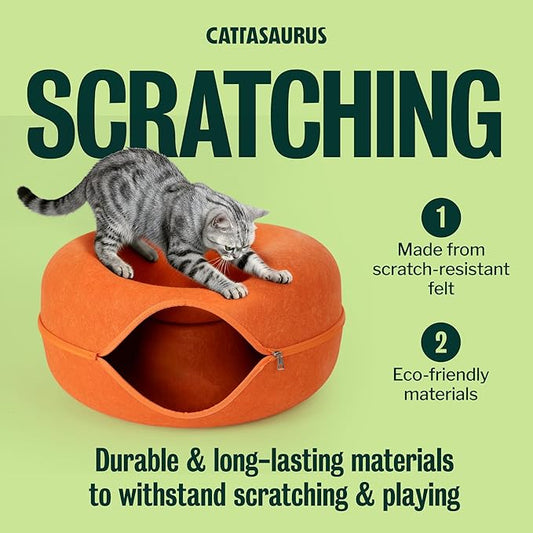 Cattasaurus Peekaboo Cat Cave Donut for Multiple & Large Cats up to 30-45 lbs, 3-in-1 Self Warming Cat Bed, Tunnel & Scratcher for Indoor Cats, Washable & Detachable Small Dog Bed (Orange, Large)