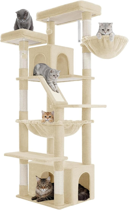 Large Cat Tree, 72 Inch Tall Indoor Cat Tower for 6 Large Cats, Corner Climbing Activity Pet Condo with 2 Large Platforms/2 Cats House/6 Scratching Post/1 Hanging Basket, Beige MS18318YG