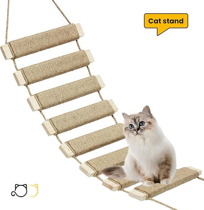 20in Cat Ladder & Bridge, Outdoor Cat Tree with Jute Rope, Multi-Level Climbing Frame & Scratcher for Indoor/Outdoor Cats (Wood Tone, 20in)