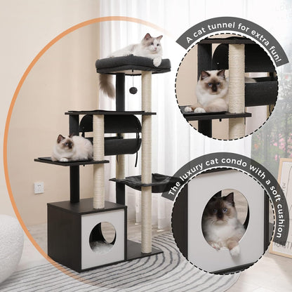 PEQULTI 51.4 Inches Modern Cat Tree Premium 6 Levels Wooden Cat Tower with Fully Sisal Covered Scratching Posts, Cozy Condo, Spacious Perch, Super Large Hammock and Swing Tunnel for Indoor Cats Gray