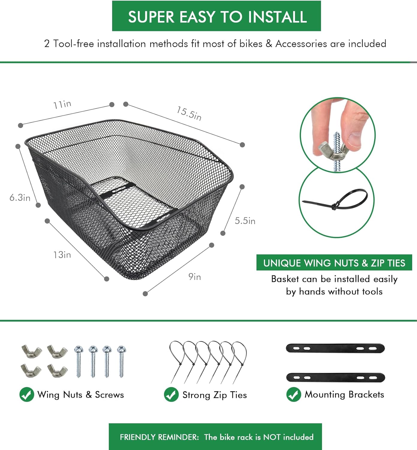 Rear Bike Basket, Tool-Free Install, Dog/Pet Carrier, Ebike Electric Bicycle Back Cargo Basket, Fits Most Rear Racks, with Waterproof Cover, Cargo Net - Pawvie