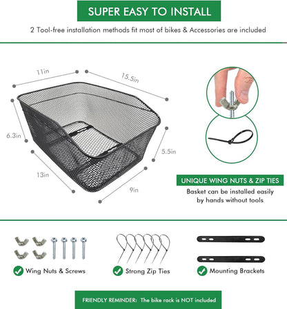 Rear Bike Basket, Tool-Free Install, Dog/Pet Carrier, Ebike Electric Bicycle Back Cargo Basket, Fits Most Rear Racks, with Waterproof Cover, Cargo Net - Pawvie