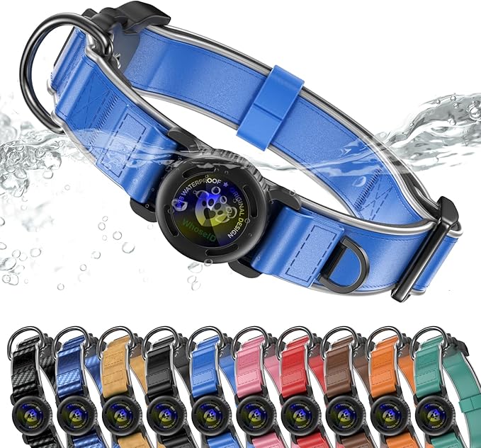 WhoseID Premium Leather Dog Collar - Waterproof AirTag Dog Collar | Magnetic Buckle Heavy Duty Collar | Medium Reflective Dog Collar with AirTag Holder