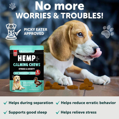 Hemp Calming Chews for Dogs - Dog Calming Chews - Dog Anxiety Relief Treats with Hemp Oil, Turmeric, Valerian, Ginger - Health and Wellness Supplements for Dogs - Hip and Joint Support - 70 Treats