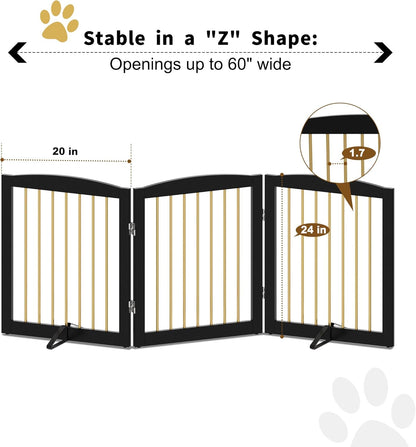 Freestanding Pet Gate for Dogs, Foldable Wooden Dog Gate for House, Indoor Dog Gate for Doorways, Stairs, Step Over Pet Puppy Safety Fence, Support Feet Included,24" Height 3 Panels,Black&Gold