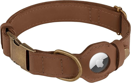 AirTag Dog Collar - Genuine Leather Dog Collar with Apple AirTag Holder and Metal Buckle - Smart GPS Tracking Pet Collars (Tawny, L, 17"-21" Neck Fit)