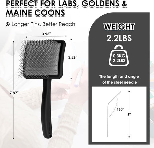 Large Slicker Brush for Dogs - 3PC Pet Grooming Kit - Undercoat Rake & Stainless Comb | Long Pins Remove Mats on Poodles, Golden, Labradoodles | Thick Coat Deshedder for Dogs, Cats, Black