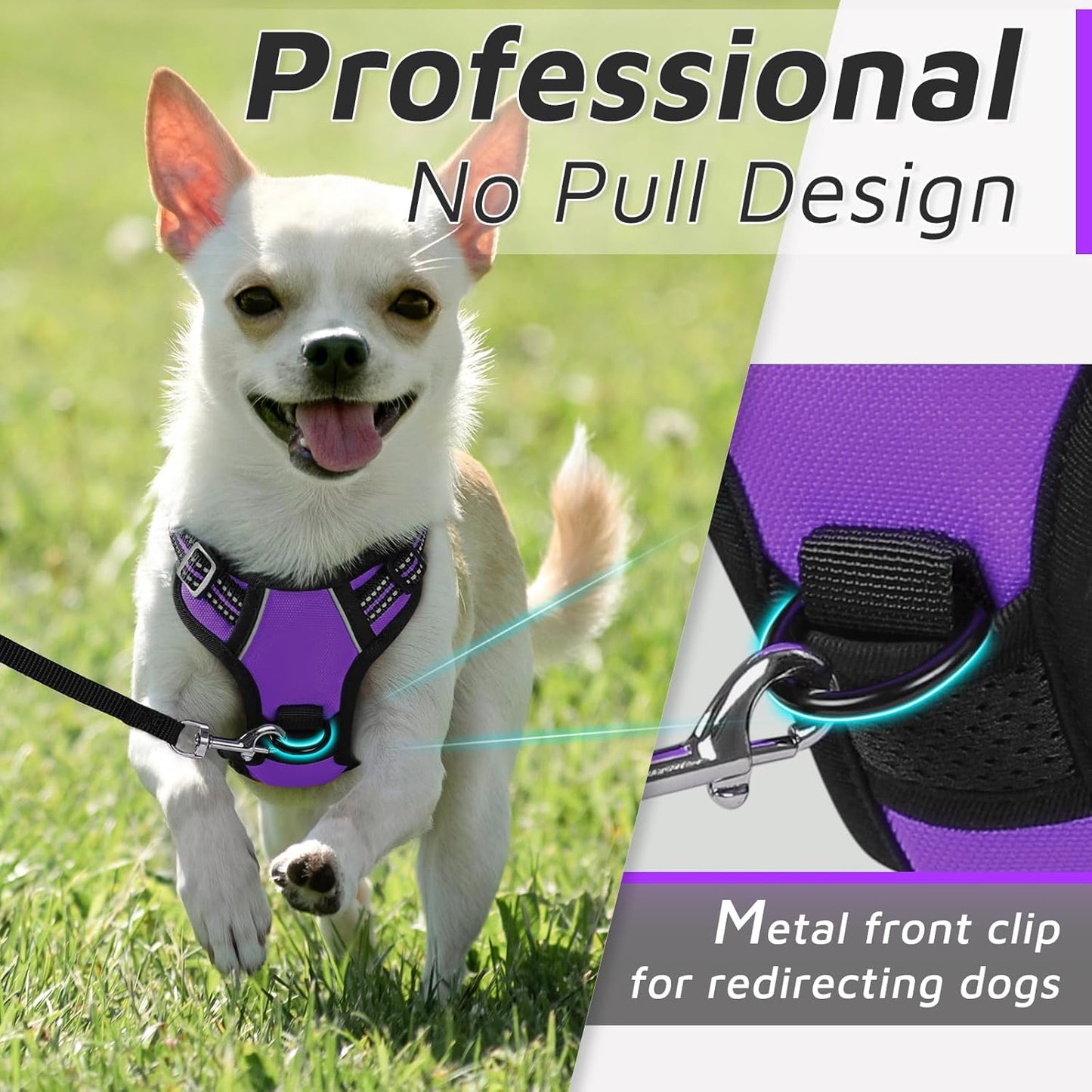 Eagloo Small Dog Harness No Pull, Service Vest with Reflective Strips and Control Handle, Adjustable and Comfortable for Easy Walking, No Choke Pet Harness with 2 Metal Rings, Purple, XS