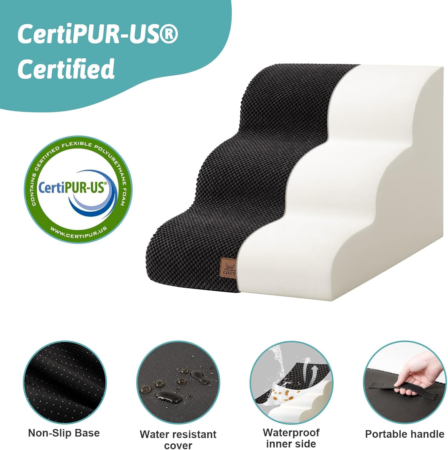 Dog Stairs for Small Dogs 15.7" H, Curved Dog Step for Puppy, Older Cat, Medium Pet Ramp for Sofa, Couch or Bed, Ladder with High Density Foam, 15.7x22.4x15.7 inch, 3 Step, Black - Pawvie