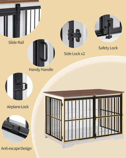 XL Large Dog Crate Furniture, 44.1" Indoor Dog Kennel Furniture with Barn Door, Wooden Tall Dog Crate, Heavy Duty Dog Cage for Large Dogs, Side End Table, Anti-Chew, White Brown DFC80114B