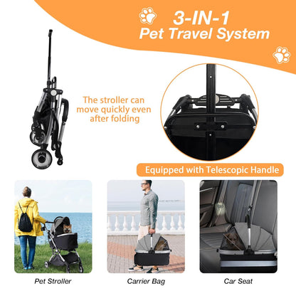 Dog Stroller for Small Medium Dogs, 3 in 1 Folding Pet Stroller Up to 33 lbs, 4 Wheels Pet Strolling Cart with Zipperless Entry, Cat Dog Travel Carrier with Telescopic Handle and Storage Basket - Pawvie