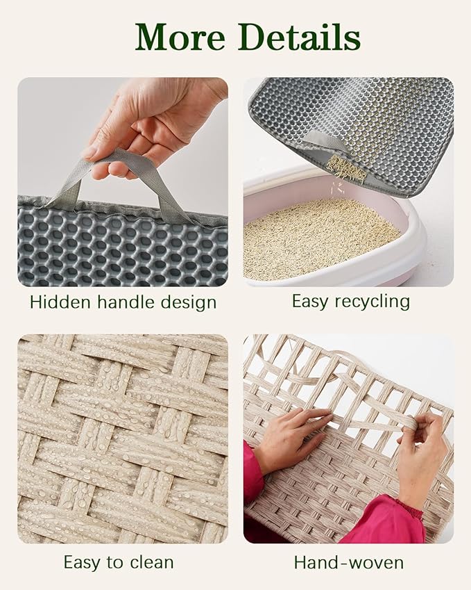 Cat Litter Box Enclosure Furniture, Hidden Litter Box, Cat Litter Box Cabinet with 2 Litter Mats, Handwoven Rattan Large Space Cat House Indoor, Living Room, Bedroom, Apartment Light Khaki