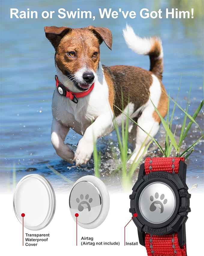 TagME Airtag Dog Collar,Waterproof Reflective Pet Collar with Airtag Holder,Soft Padded and Double D-Rings for Medium Dogs,Red