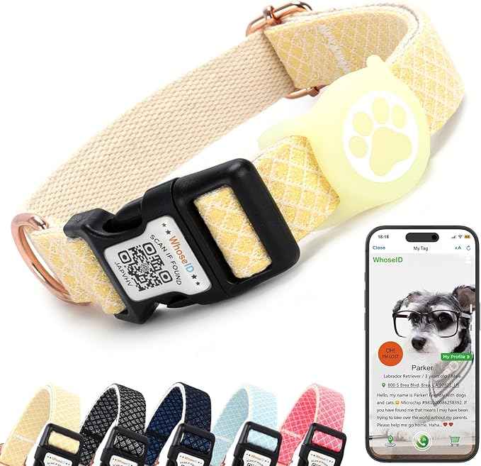 WhoseID Dog Collar with Waterproof AirTag Holder & Anti-Lost QR Code, Cute Bling Warpping Adjustable Width for Small Medium Large Pet (Yellow, S)