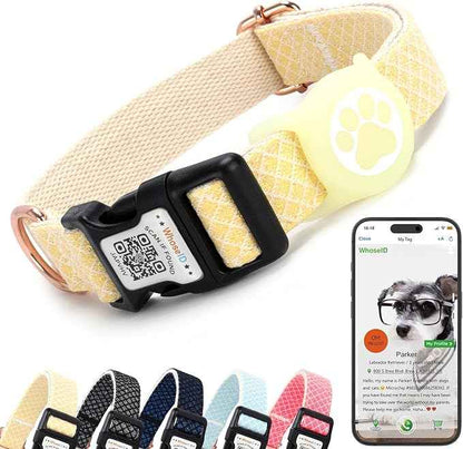 WhoseID Dog Collar with Waterproof AirTag Holder & Anti-Lost QR Code, Cute Bling Warpping Adjustable Width for Small Medium Large Pet (Yellow, S)