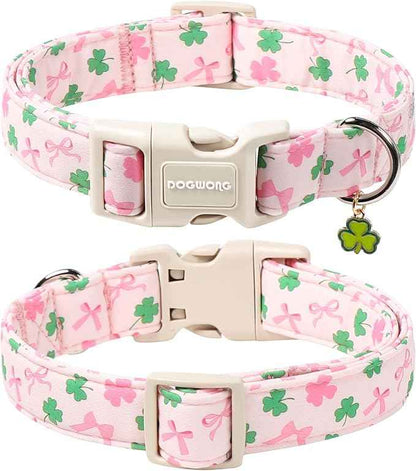 DOGWONG Cute St. Patrick Dog Collar, Clover Pink Collar for Medium Dogs Spring Female Dog Collars Adjustable Heavy-Duty Dog Collars Pet Gift