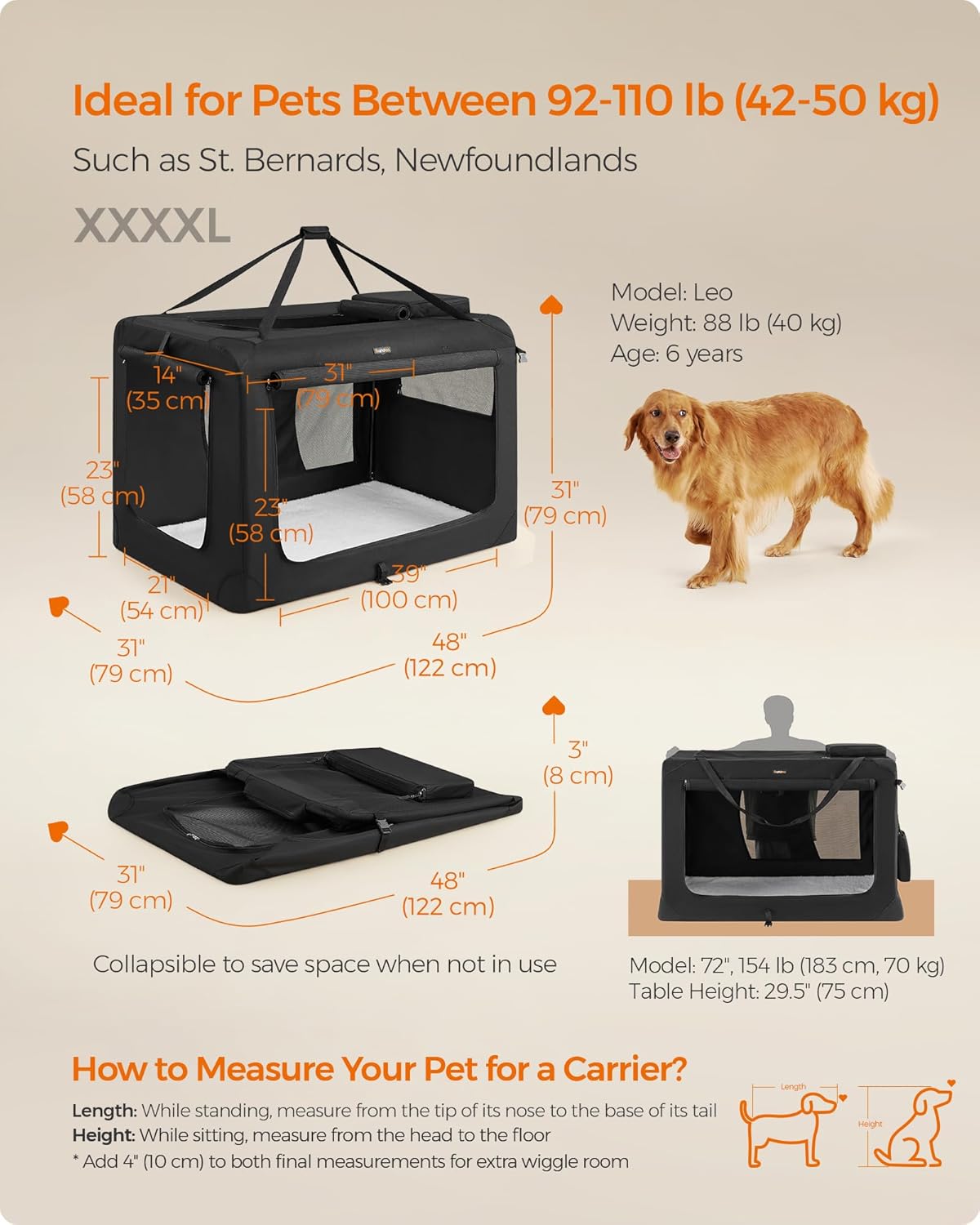 Feandrea 48 Inches Collapsible Soft Dog Crate, Portable Travel Dog Crate for Indoor and Outdoor Use, Dog Carrier Kennel with Safety Zippers, for Living Room, Car, Travelling, Camping, Black UPDC12H