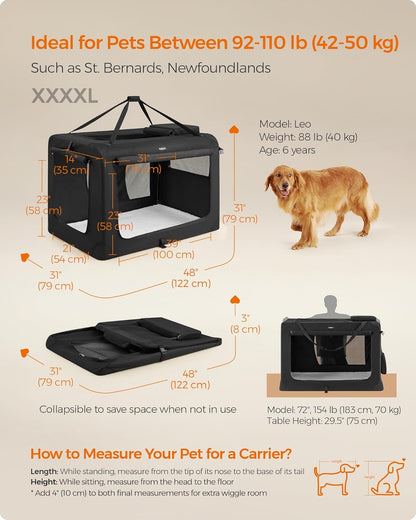 Feandrea 48 Inches Collapsible Soft Dog Crate, Portable Travel Dog Crate for Indoor and Outdoor Use, Dog Carrier Kennel with Safety Zippers, for Living Room, Car, Travelling, Camping, Black UPDC12H