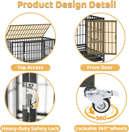 36 Inch Collapsible Dog Crate, Heavy Duty Dog Cage for Small/Medium Dogs, 2-Door Dog Kennel with Top Access, Lockable Wheels, Tray & Metal Floor Grid
