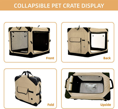 Pettycare 42 Inch Collapsible Dog Crate for Large Dogs, 4-Door Foldable Soft Kennel With Chew Proof Mesh Windows, Indoor & Outdoor Travel, Beige