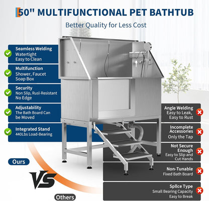 50" Stainless Steel Professional Dog Washing Station - Pet Bathing Tub w/Non-Slip Stairs | Slip-Resistant Floor Grate | for Large/Medium/Small Dogs